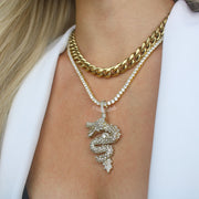 18K Iced Out Dragon Pendant Necklace Set in Gold