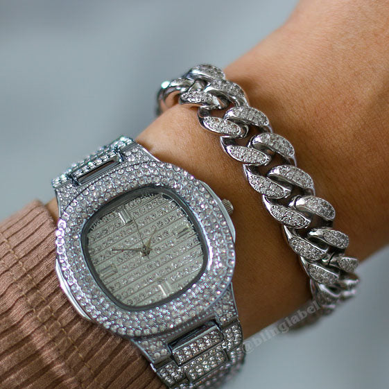 12mm Iced Out Cuban Link Bracelet in White Gold