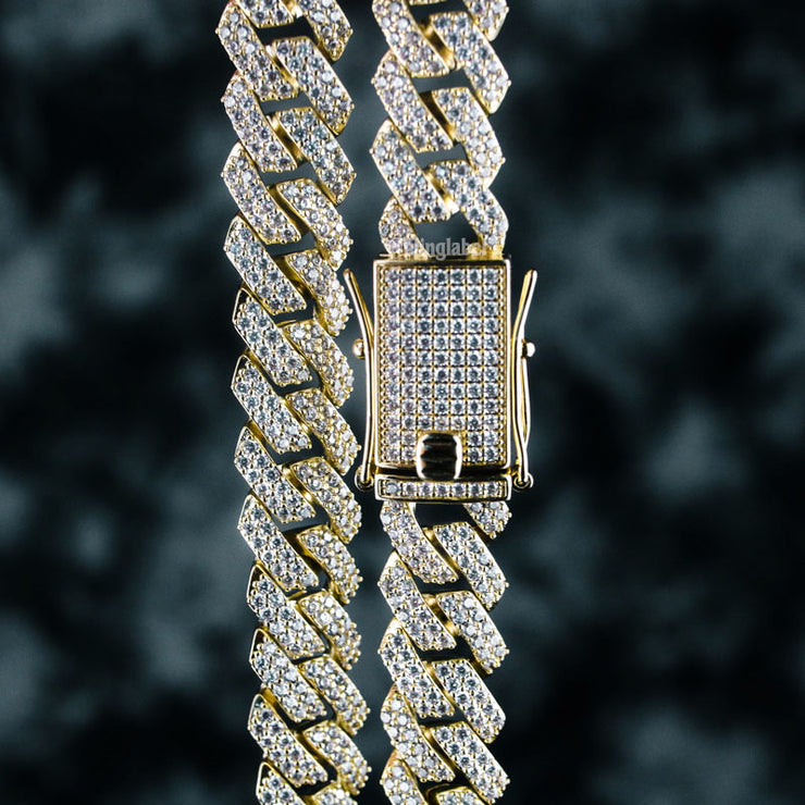 12mm Flooded Diamond Cuban Link Chain in Gold
