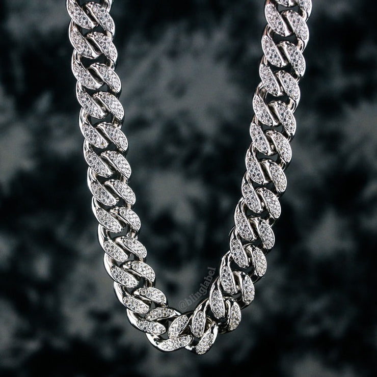 12mm Iced Out Cuban Link Choker Necklace in White Gold