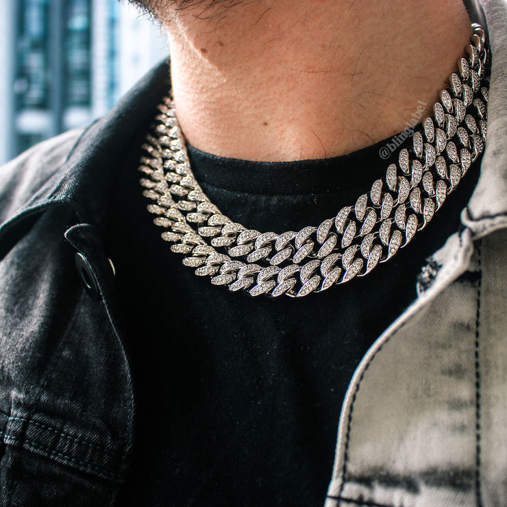 12mm Iced Out Cuban Link Choker Necklace in White Gold