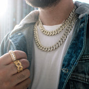 15mm Straight Edge Diamond Iced Cuban Link Chain in Gold