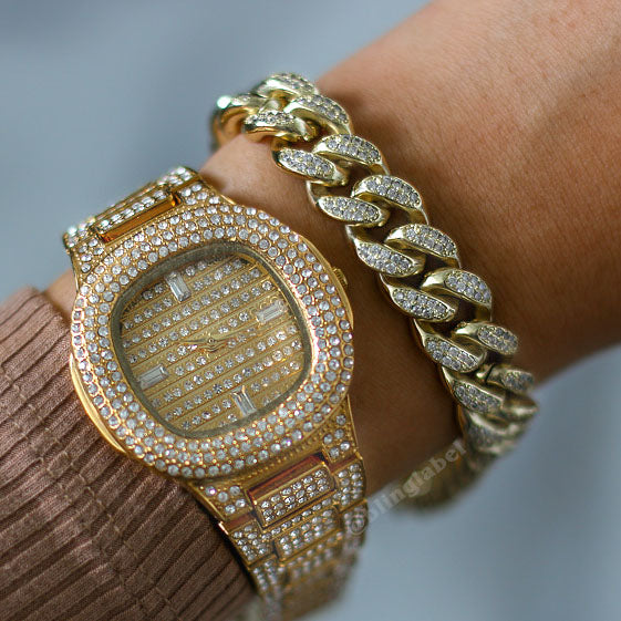 12mm Iced Out Cuban Link Bracelet in Gold