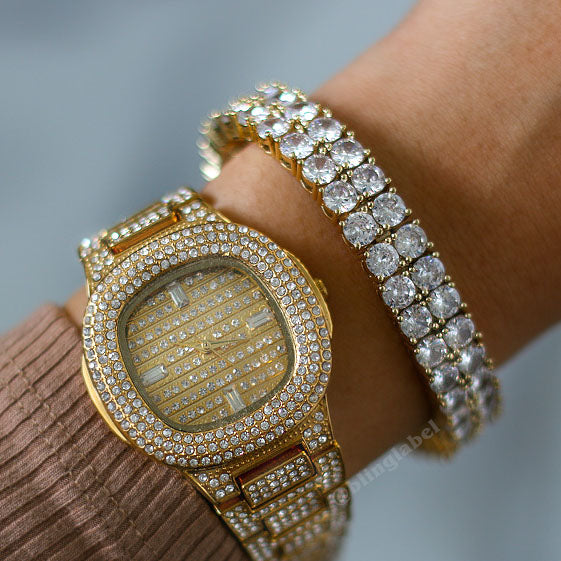 2 Row Iced Out Diamond Tennis Bracelet in Gold