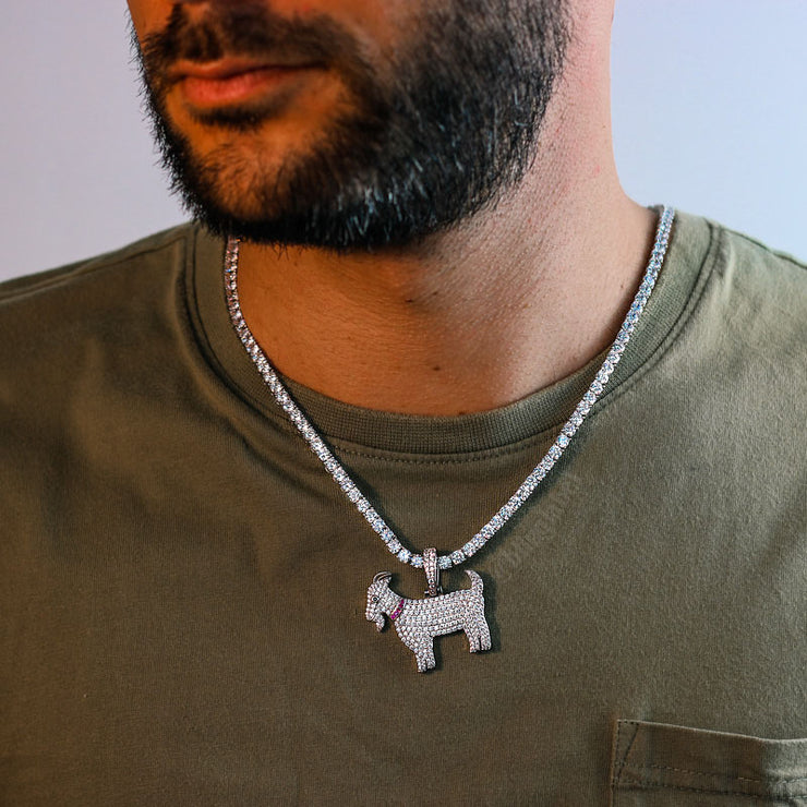 18K Iced Out Goat Pendant Necklace Set in White Gold