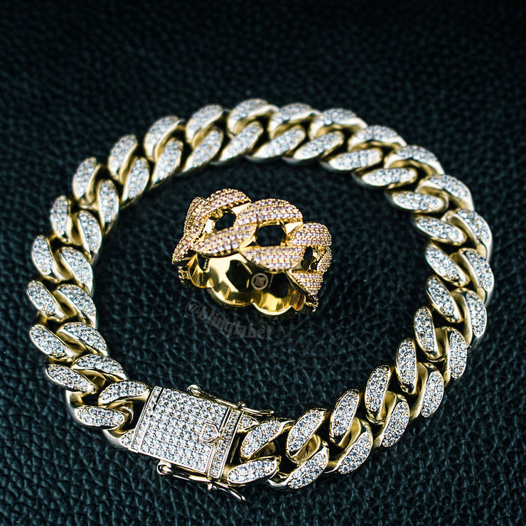 12mm Cuban Link Bracelet + 12mm Cuban Link Ring Set in Gold