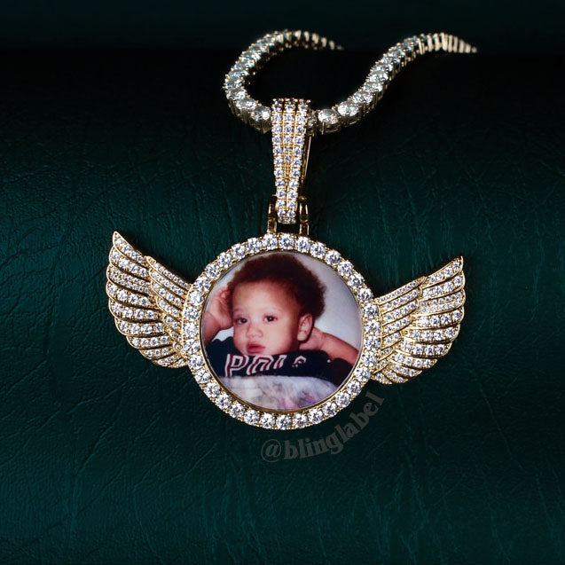Iced Out Winged Picture Pendant in Gold