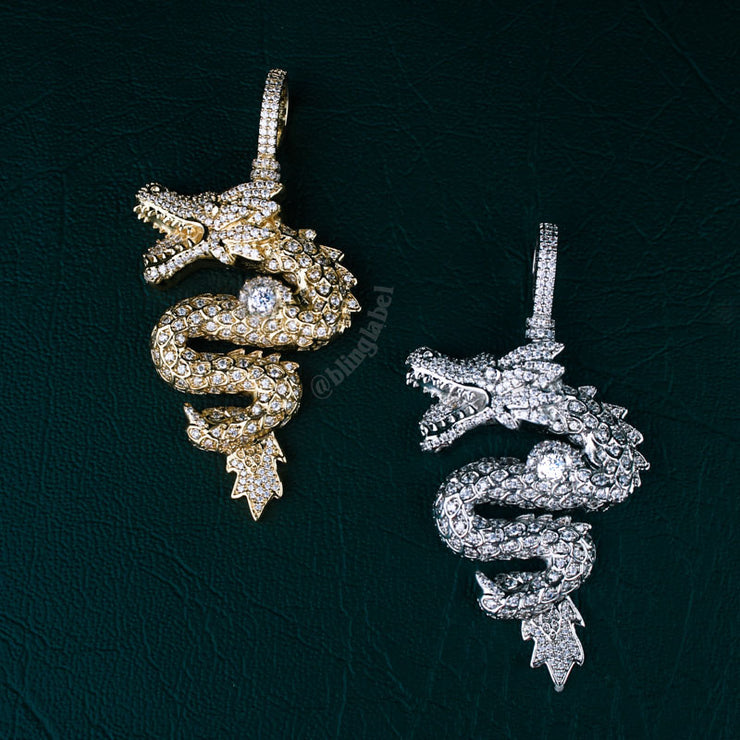 18K Iced Out Dragon Pendant Necklace Set in White Gold