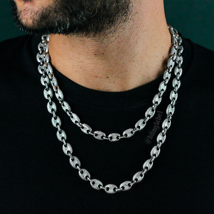 Iced Out Coffee Link Chain in White Gold (10mm)